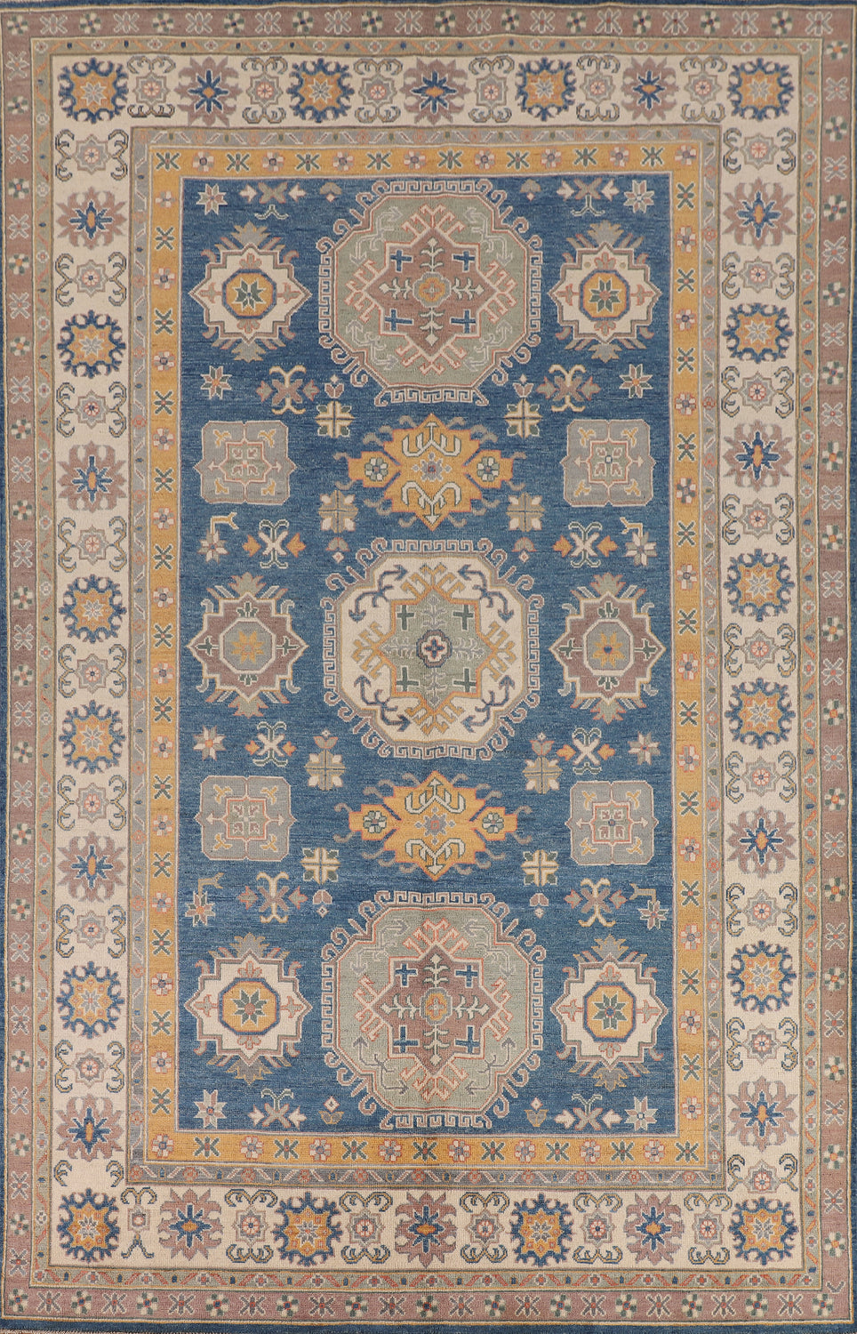 Blue Geometric Kazak Oriental Area Rug 7x10