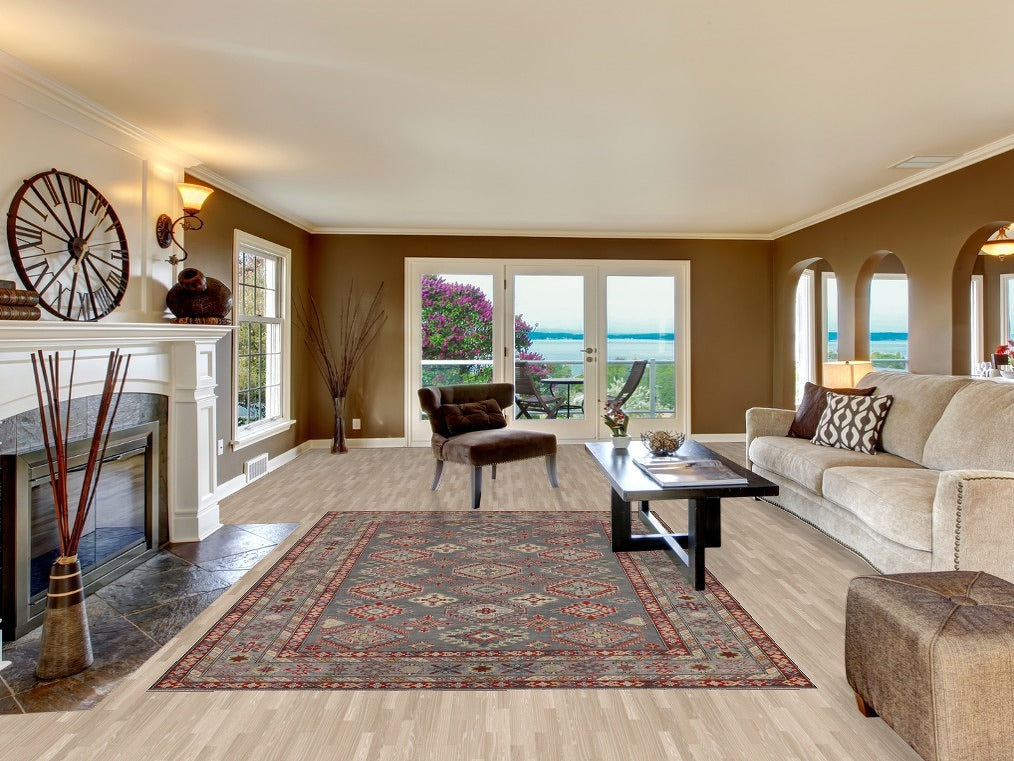 Gray Geometric Kazak Oriental Area Rug 7x10