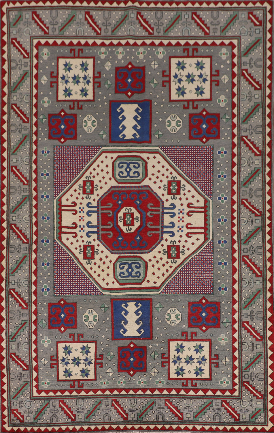 Geometric Gray Kazak Oriental Area Rug 6x10