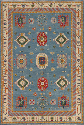 Blue Geometric Kazak Oriental Area Rug 7x10