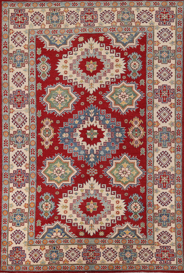 Red Geometric Kazak Oriental Area Rug 7x10