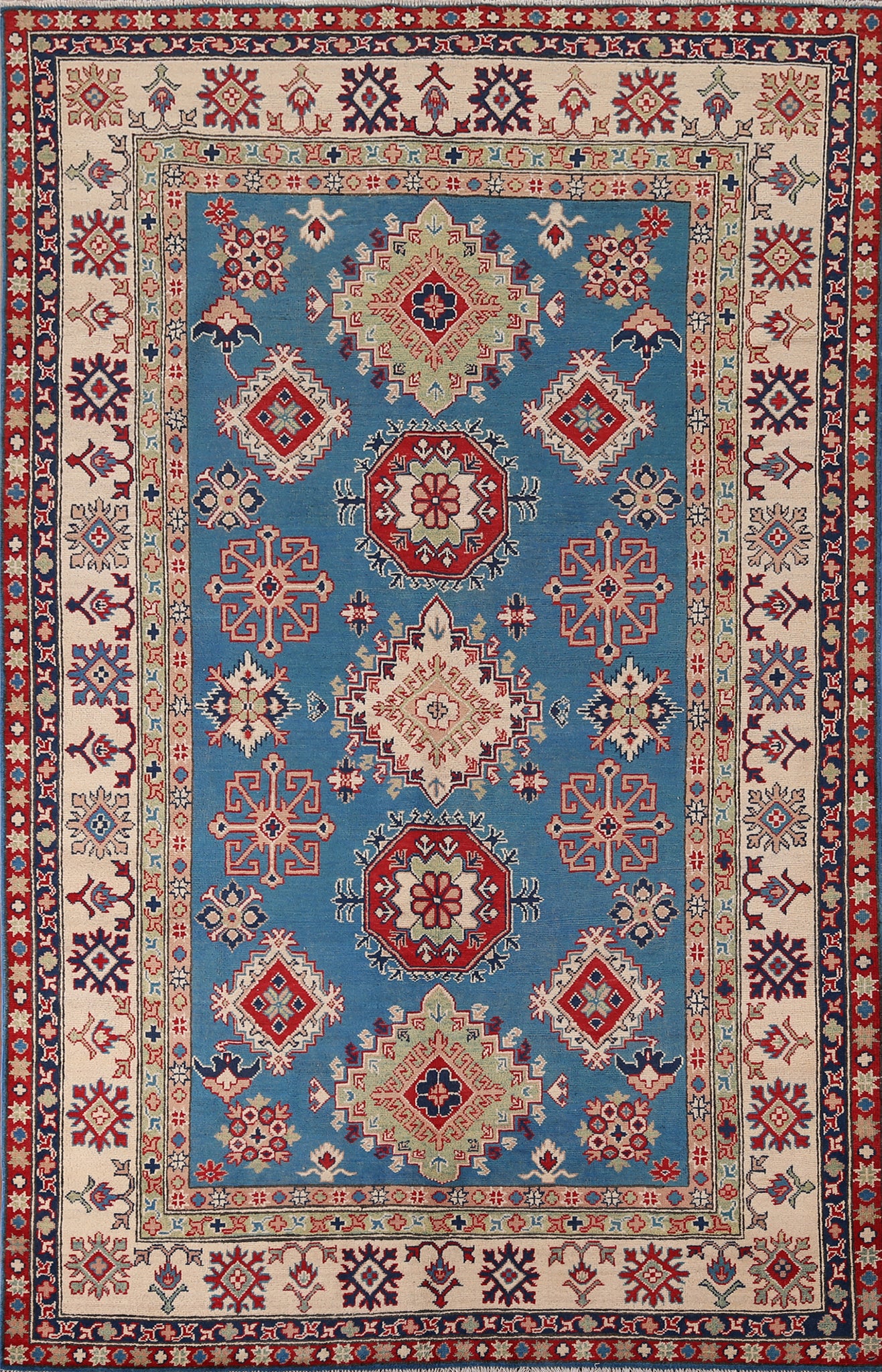 Blue Geometric Kazak Oriental Area Rug 7x10