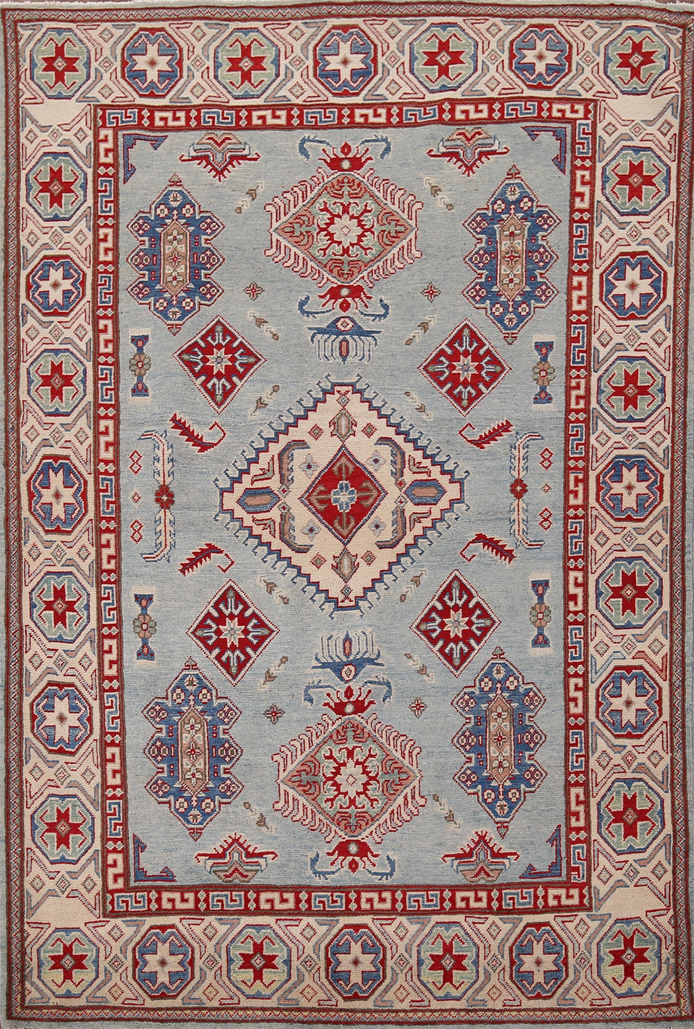 Light Blue Geometric Kazak Oriental Rug 5x7