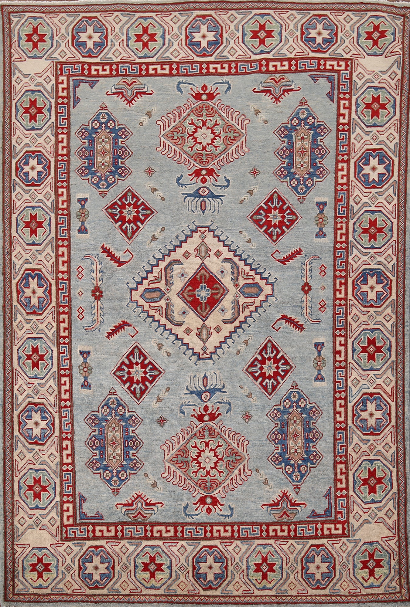 Light Blue Geometric Kazak Oriental Rug 5x7