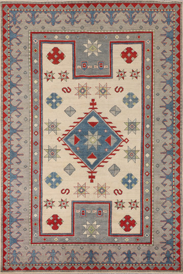 Handmade Ivory Kazak Oriental Area Rug 7x10
