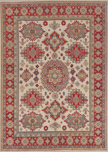 Ivory Wool Geometric Kazak Oriental Area Rug 8x10