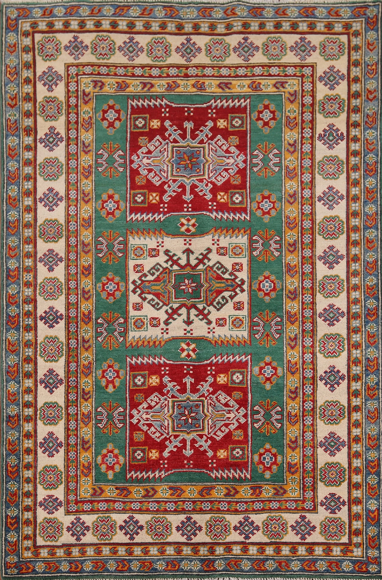 Green Geometric Kazak Oriental Rug 4x6