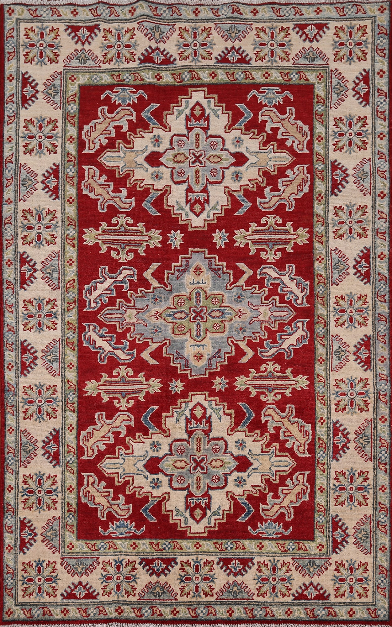 Geometric Red Wool Kazak Oriental Rug 4x7