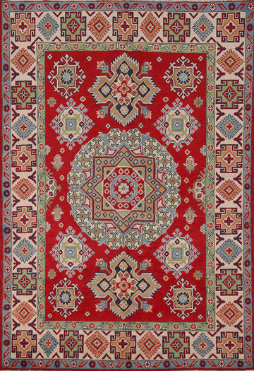 Red Geometric Kazak Wool Accent Rug 5x7