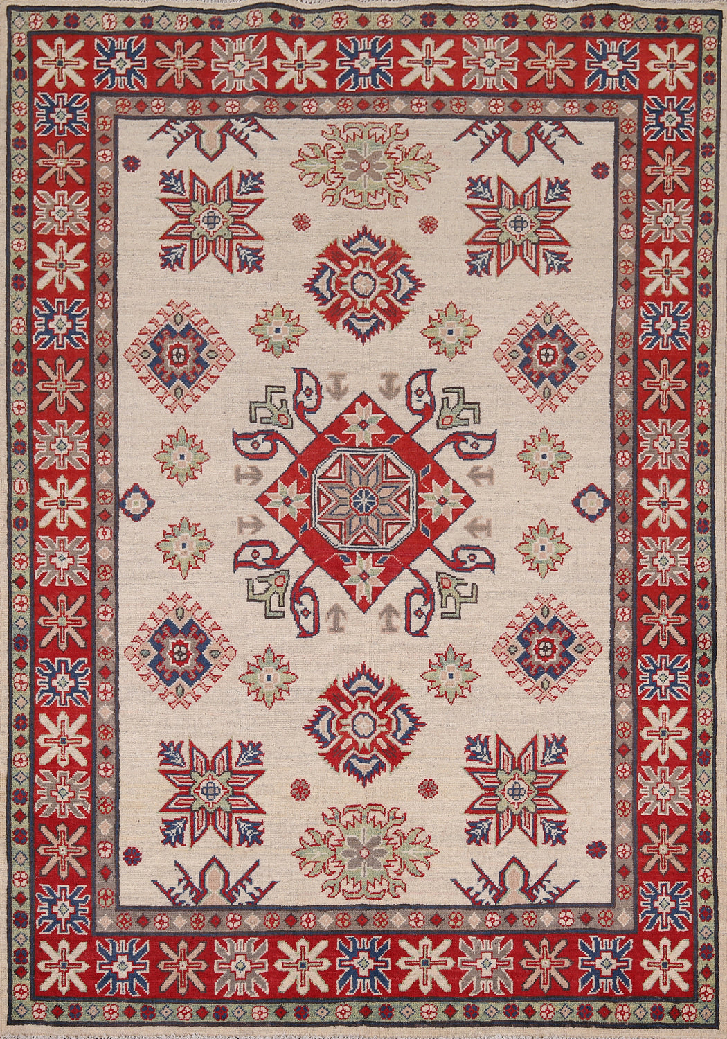 Ivory Wool Geometric Kazak Oriental Rug 5x7