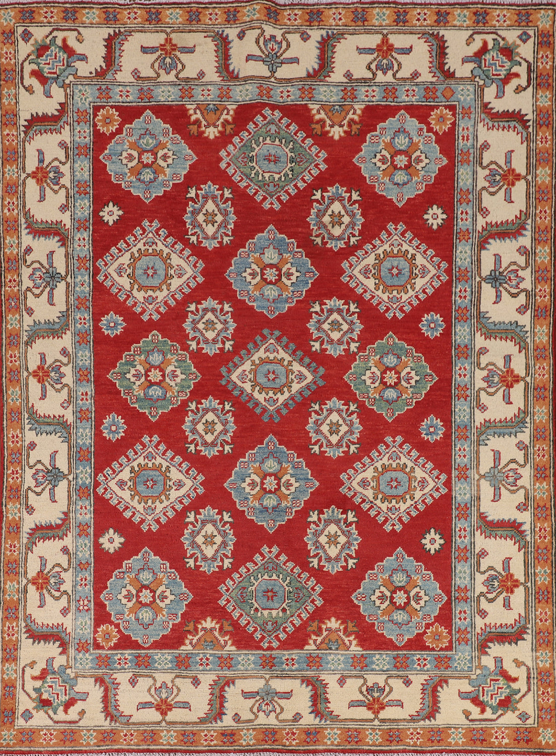 Geometric Red Kazak Oriental Wool Rug 5x7