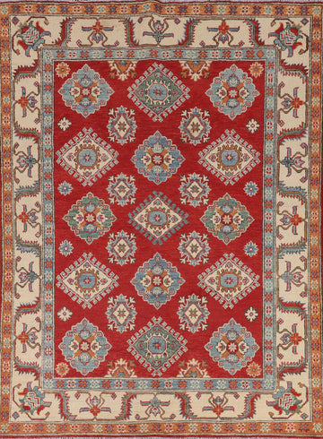 Geometric Red Kazak Oriental Wool Rug 5x7