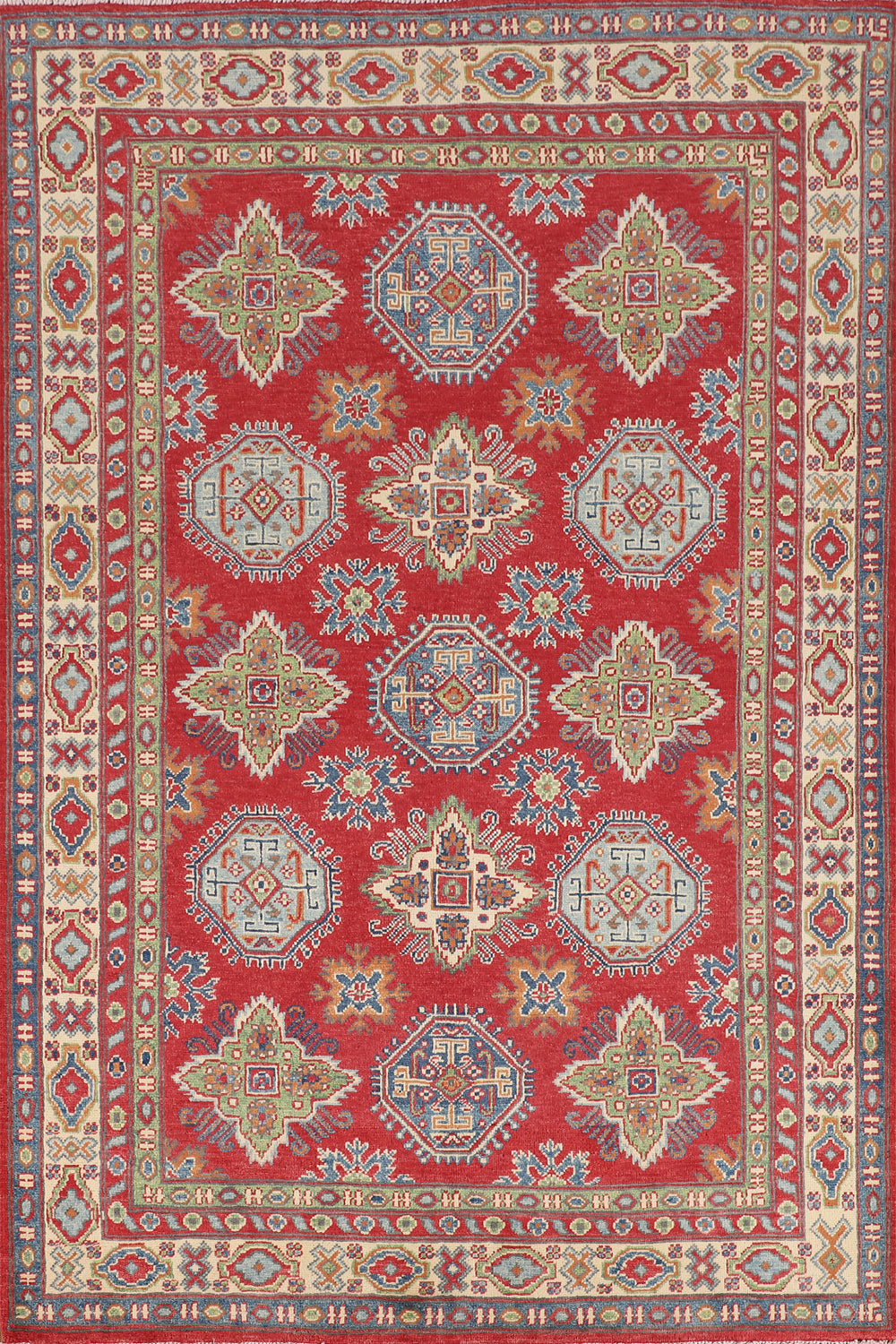Red Wool Geometric Kazak Oriental Rug 5x7