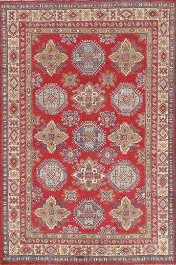 Red Wool Geometric Kazak Oriental Rug 5x7