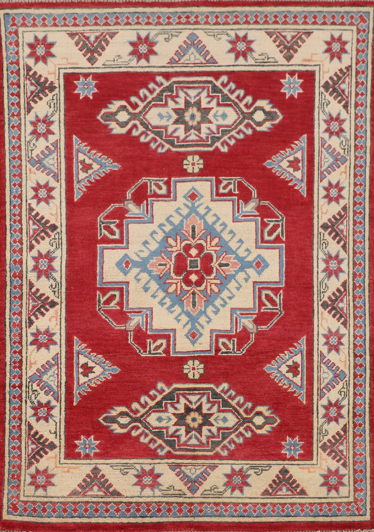 Geometric Red Wool Kazak Accent Rug 3x5