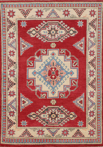 Geometric Red Wool Kazak Accent Rug 3x5