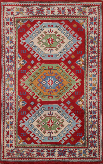 Red Geometric Kazak Oriental Accent Rug 3x5