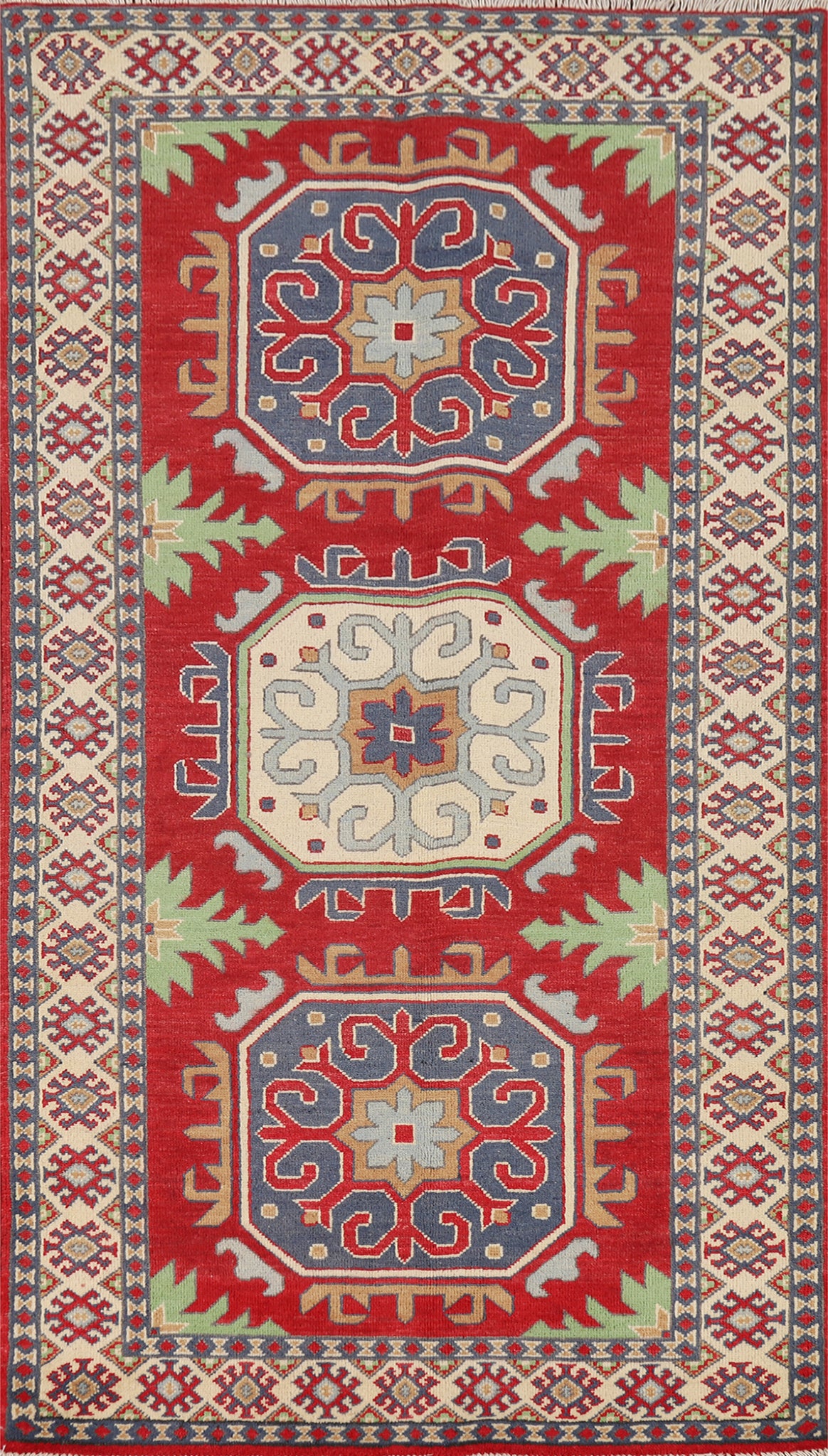 Geometric Red Kazak Oriental Runner Rug 3x7