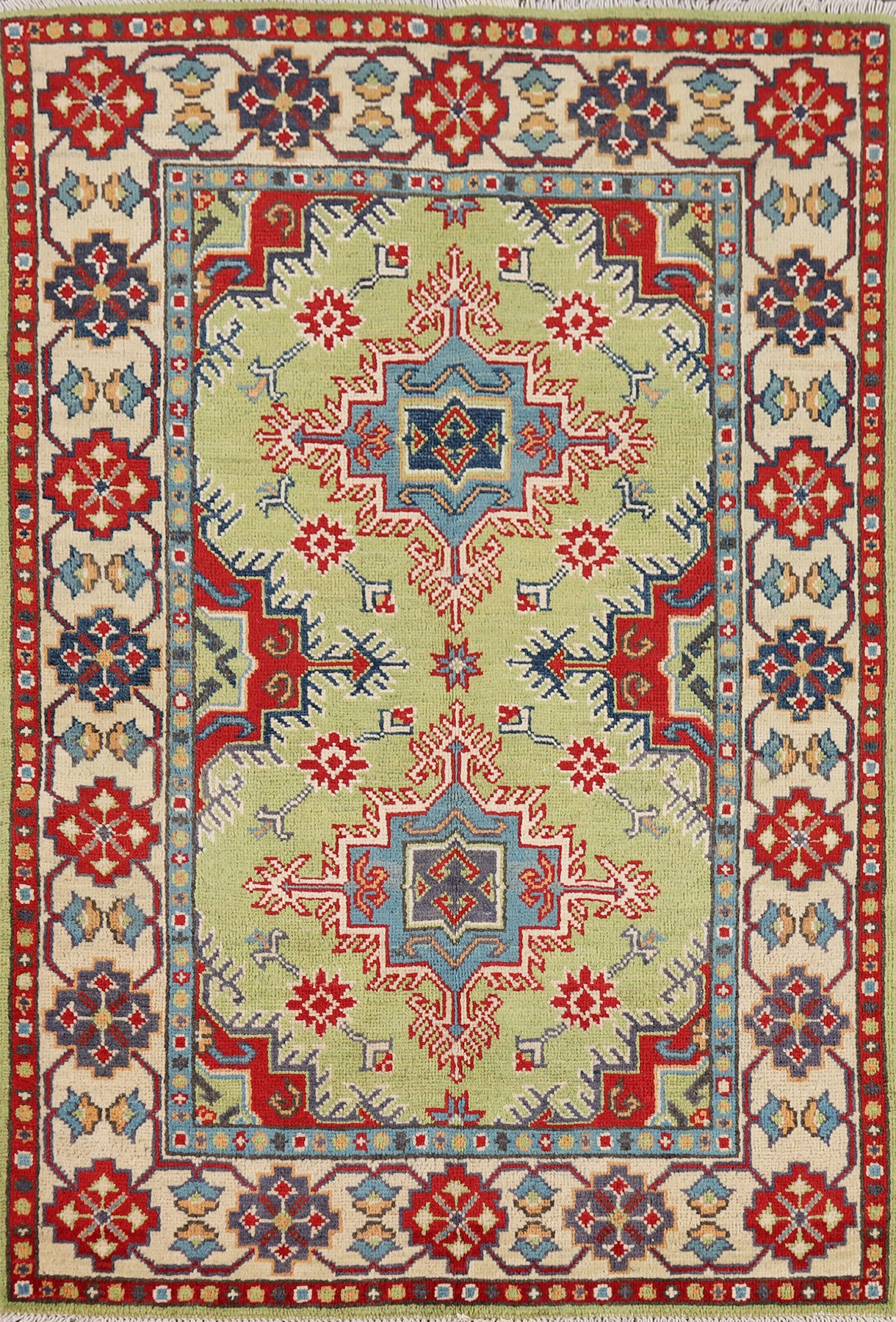 Pistachio Green Geometric Kazak Accent Rug 3x5