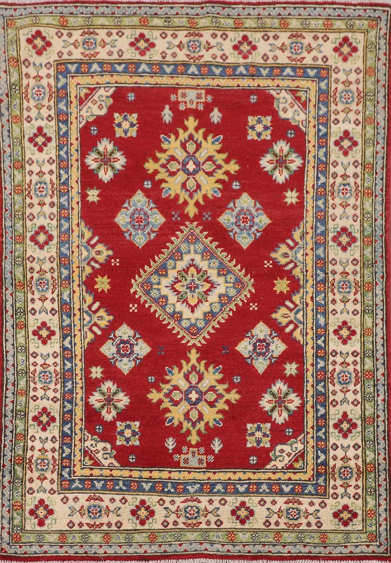 Red Geometric Kazak Oriental Wool Rug 3x5