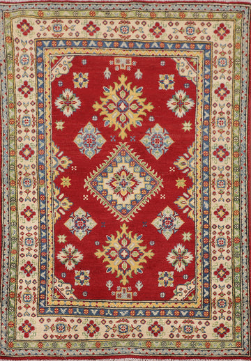 Red Geometric Kazak Oriental Wool Rug 3x5