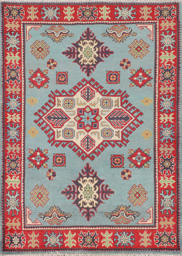 Light Blue Geometric Kazak Accent Rug 3x5