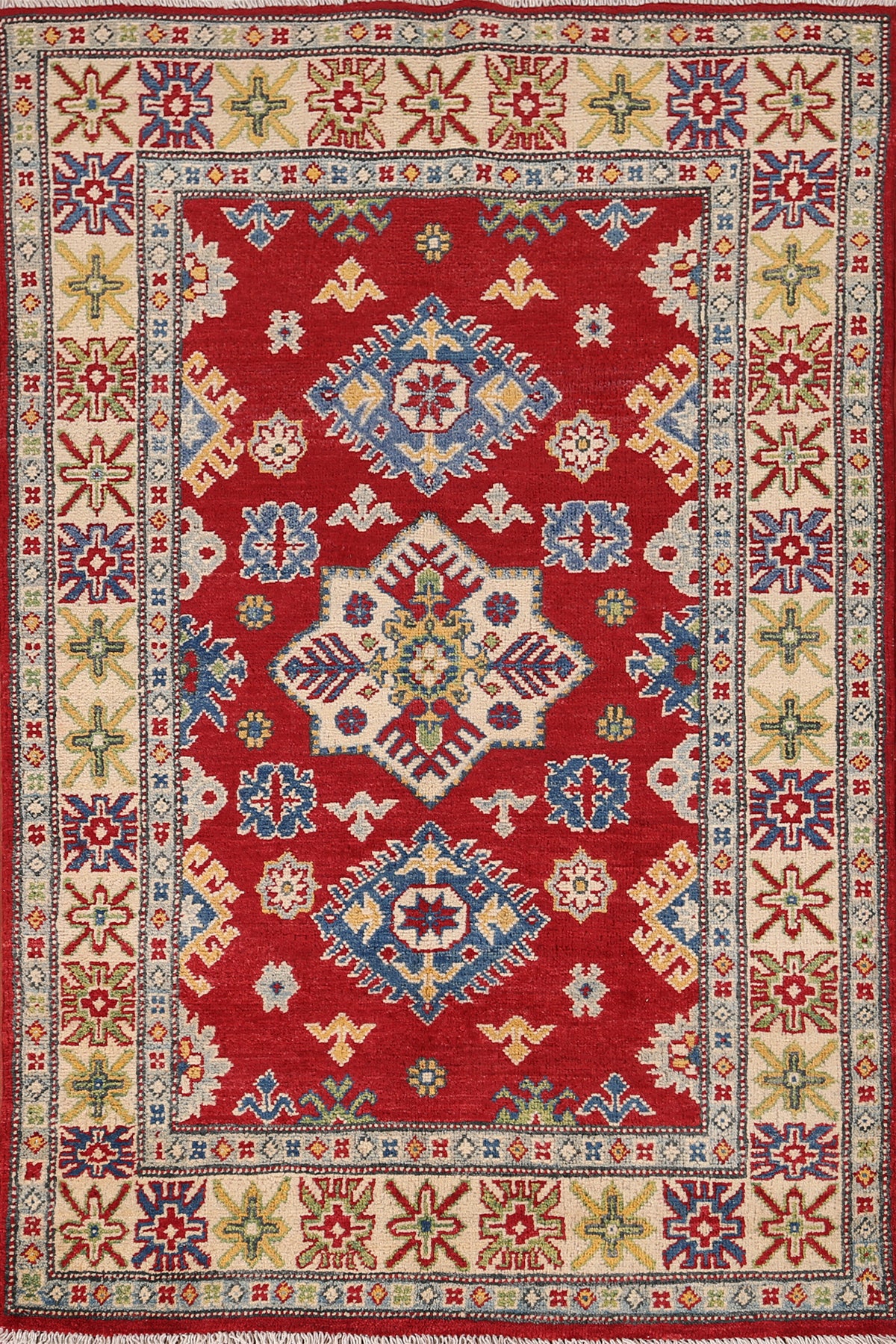 Red Geometric Kazak Oriental Accent Rug 3x5