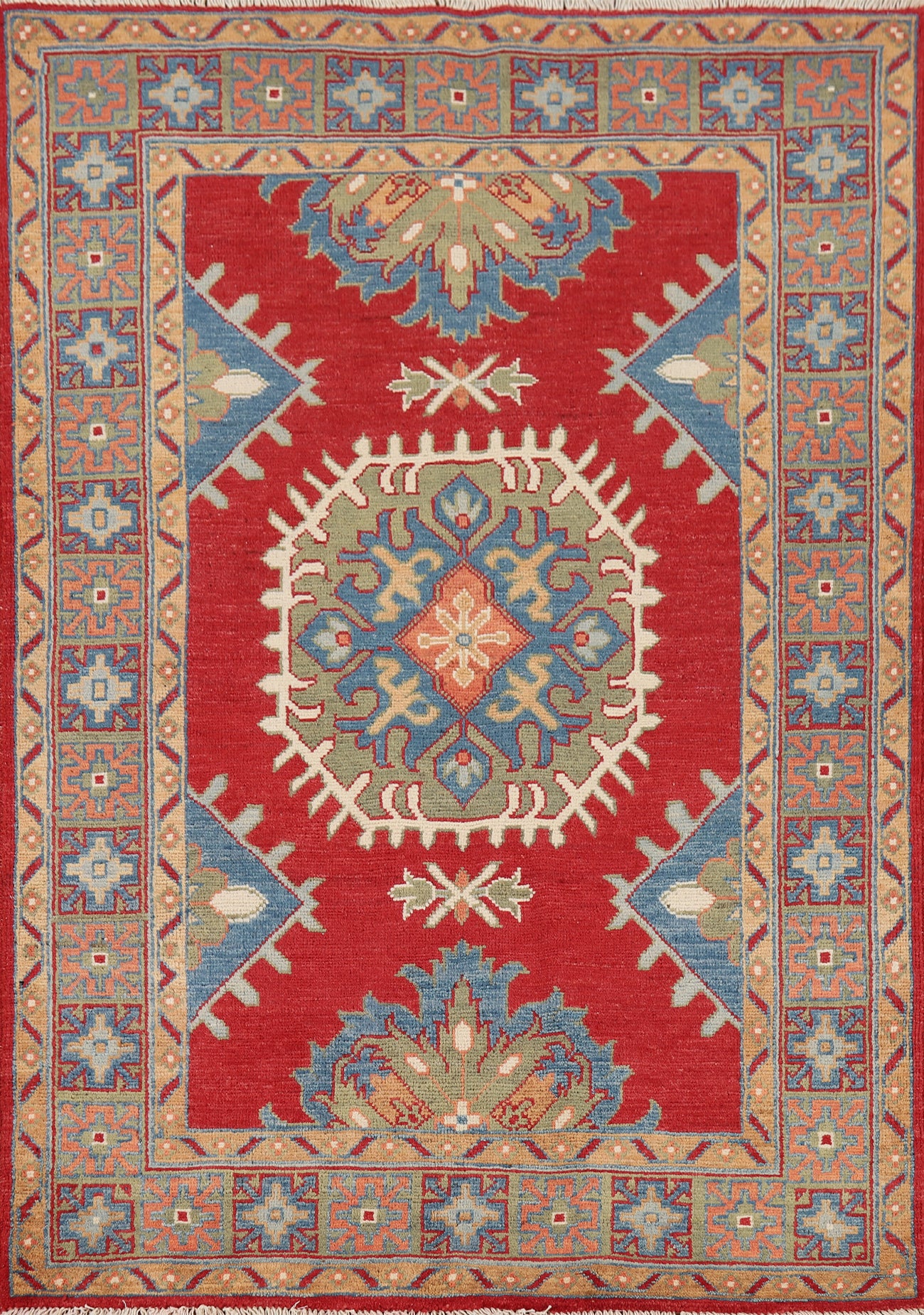 Red Geometric Kazak Oriental Accent Rug 3x5