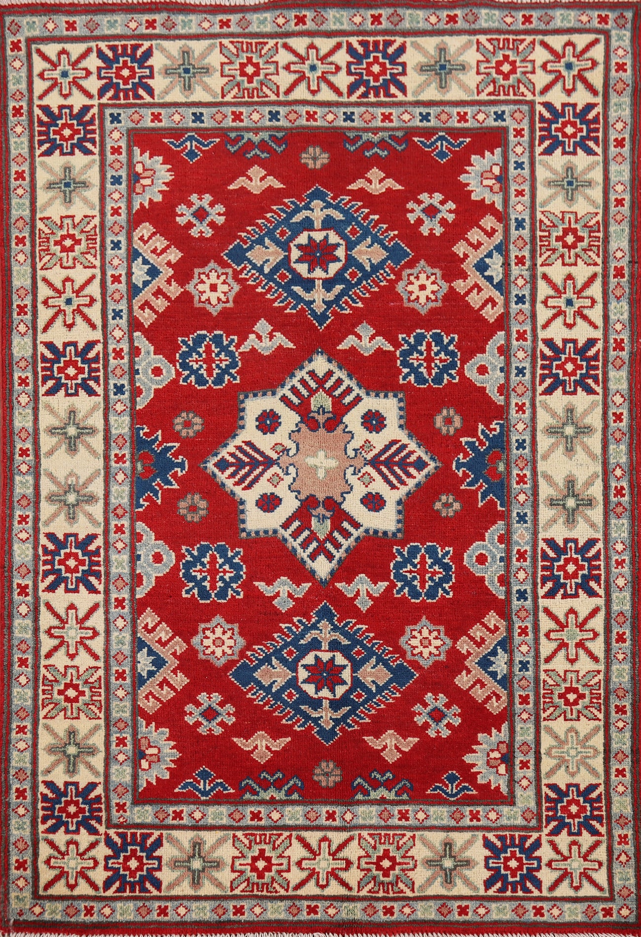 Geometric Red Kazak Handmade Wool Rug 3x5