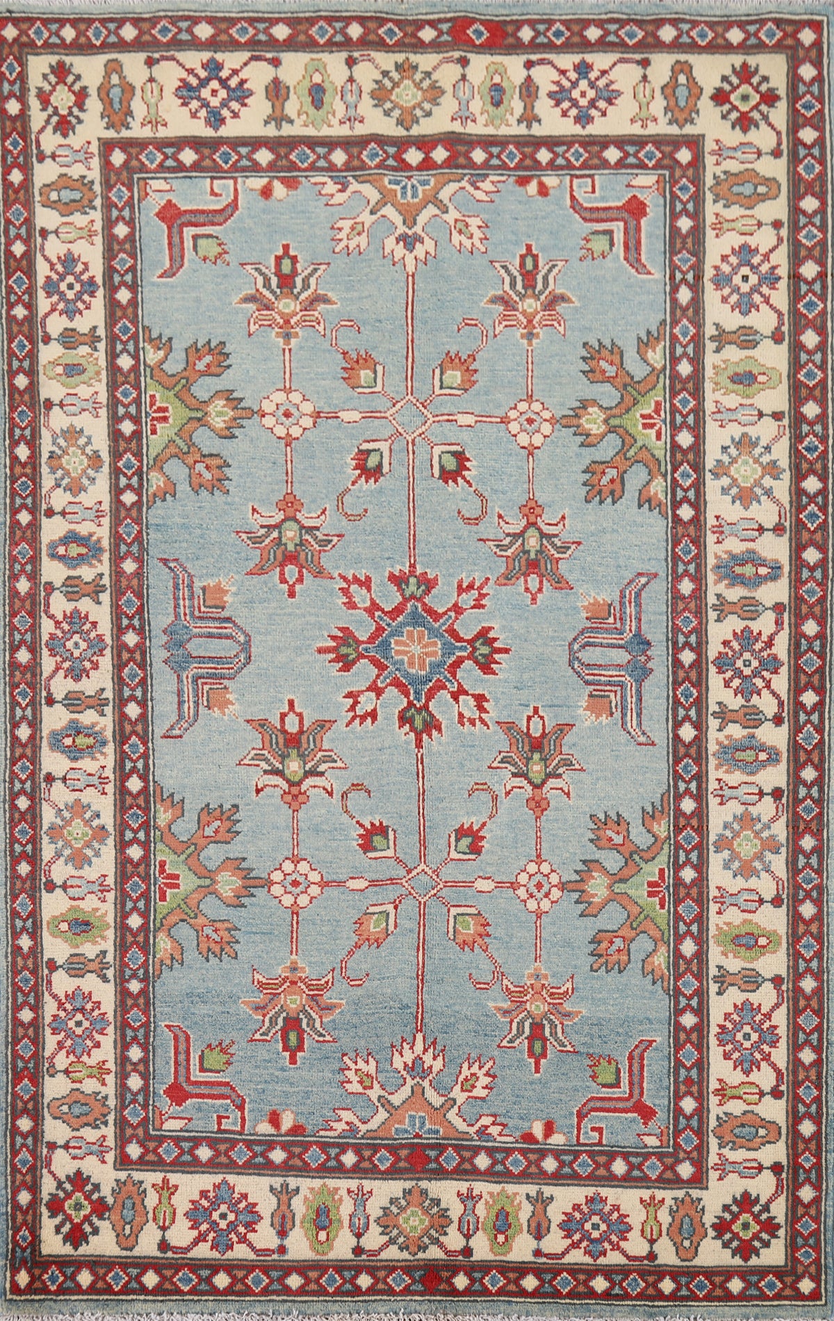 Light Blue Geometric Kazak Oriental Rug 4x6