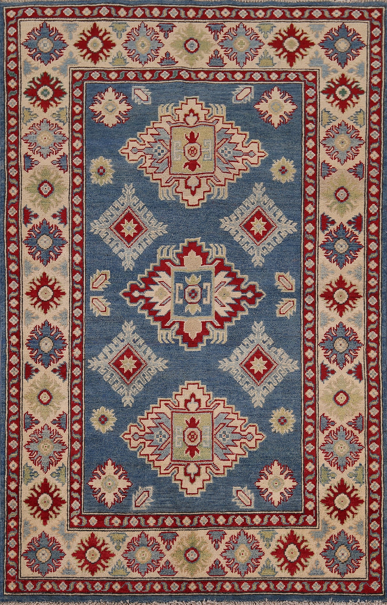 Handmade Blue Kazak Wool Accent Rug 4x6