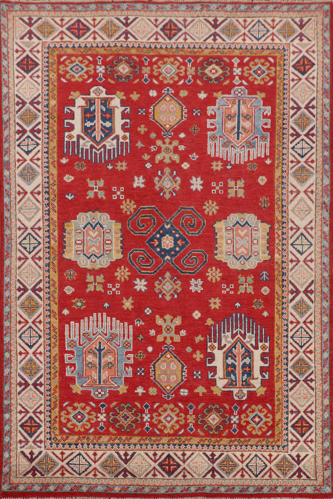 Red Geometric Kazak Oriental Accent Rug 4x6