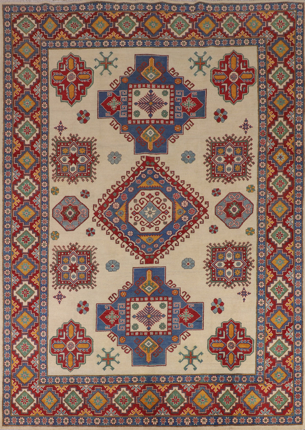 Ivory Geometric Kazak Living Room Rug 8x11