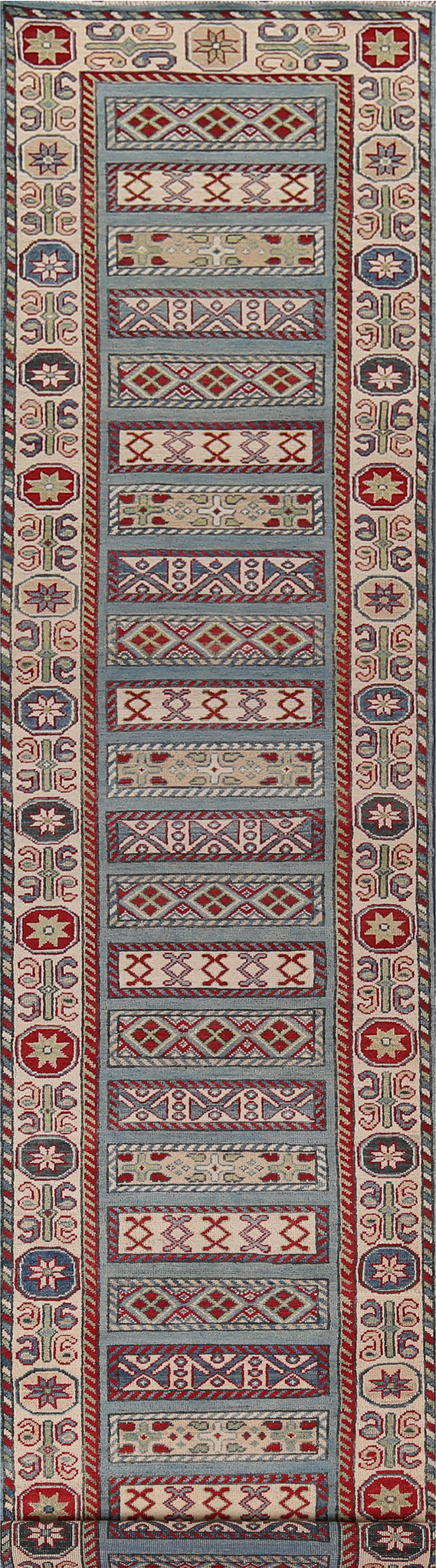 Light Blue Kazak Oriental Runner Rug 3x16