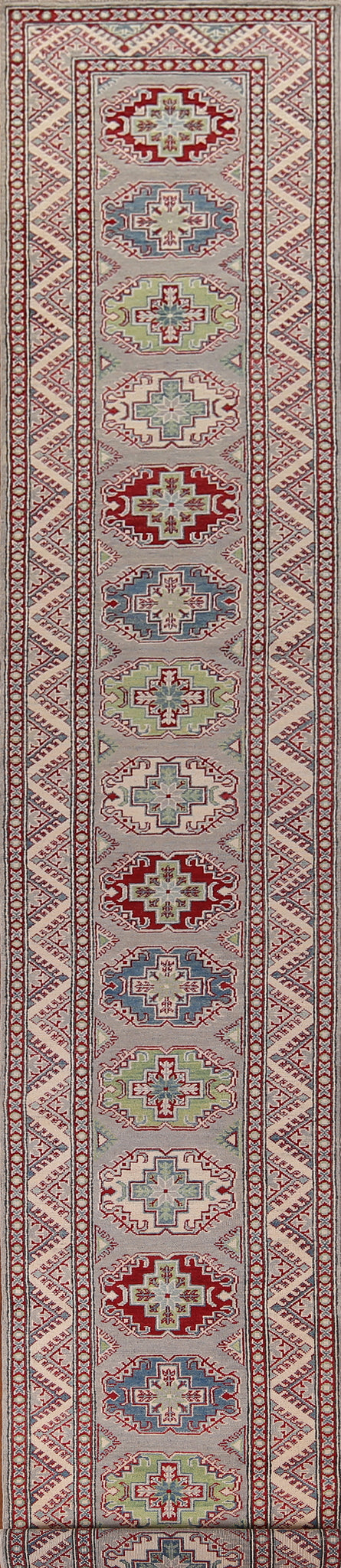 Gray Geometric Kazak Oriental Runner Rug 3x20
