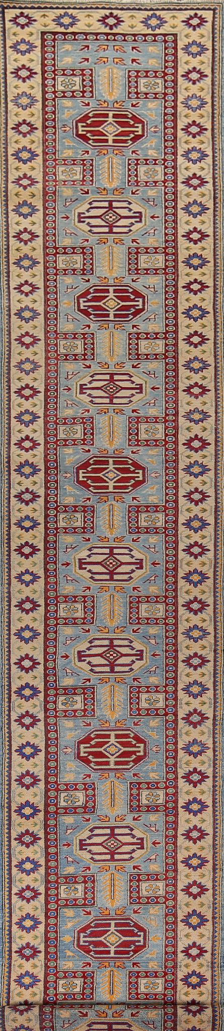 Light Blue Geometric Kazak Oriental Runner Rug 3x21