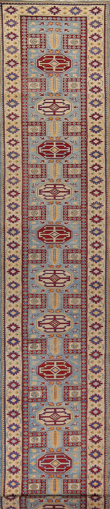 Light Blue Geometric Kazak Oriental Runner Rug 3x21