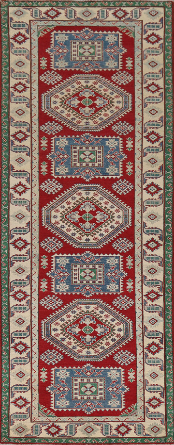 Red Geometric Kazak Oriental Runner Rug 4x13
