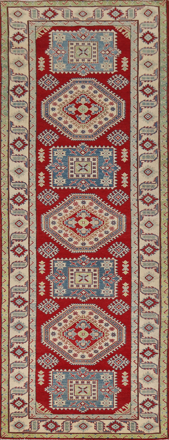 Red Geometric Kazak Oriental Runner Rug 4x14