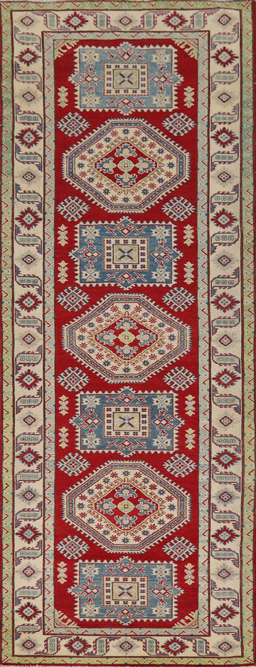 Red Geometric Kazak Oriental Runner Rug 4x14