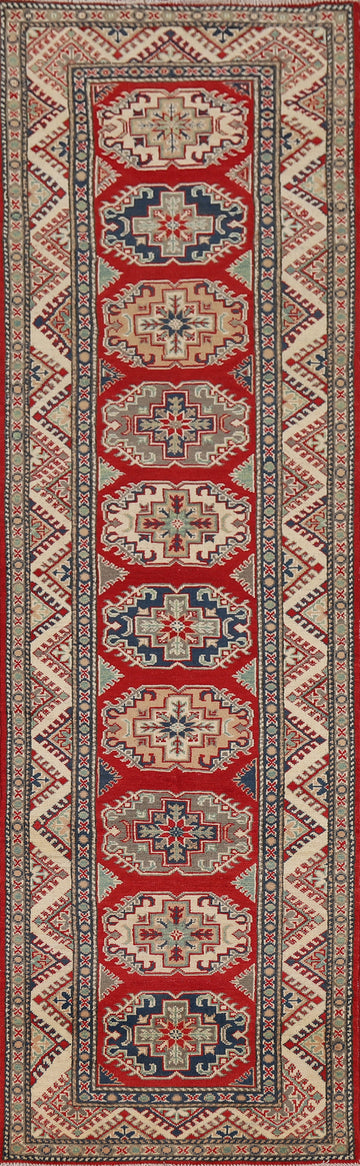 Red Geometric Kazak Oriental Runner Rug 3x11