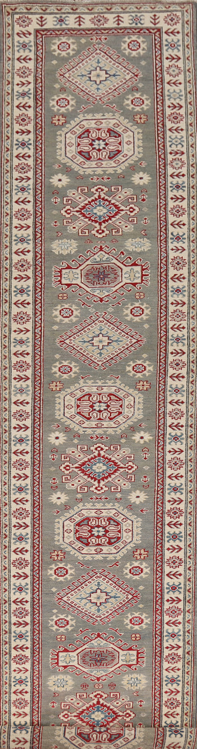 Gray Geometric Kazak Oriental Runner Rug 3x16