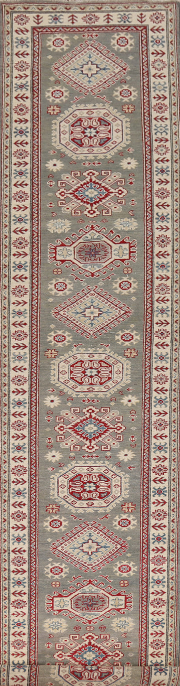 Gray Geometric Kazak Oriental Runner Rug 3x16