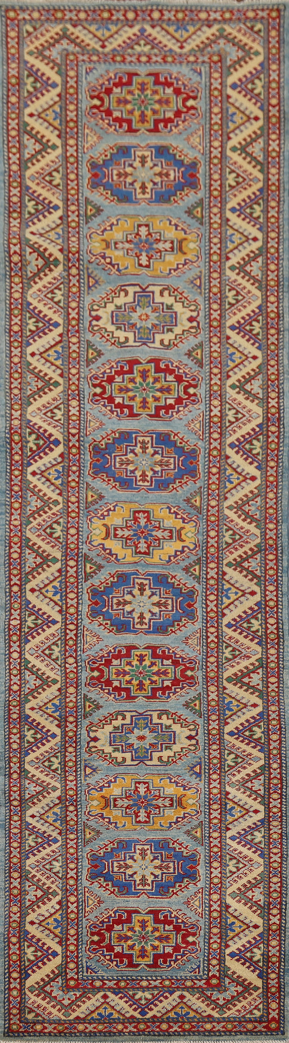 Light Blue Kazak Oriental Runner Rug 3x13