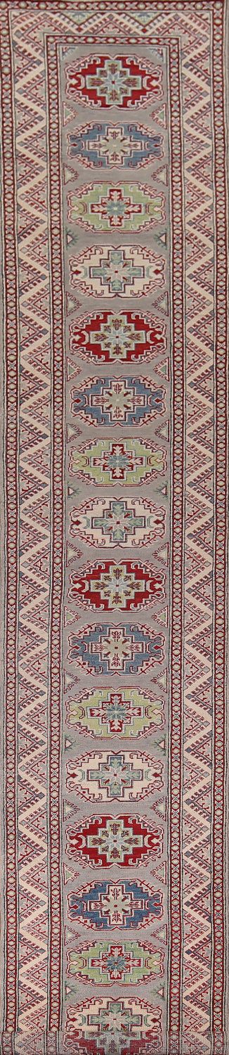 Gray Geometric Kazak Oriental Runner Rug 3x20