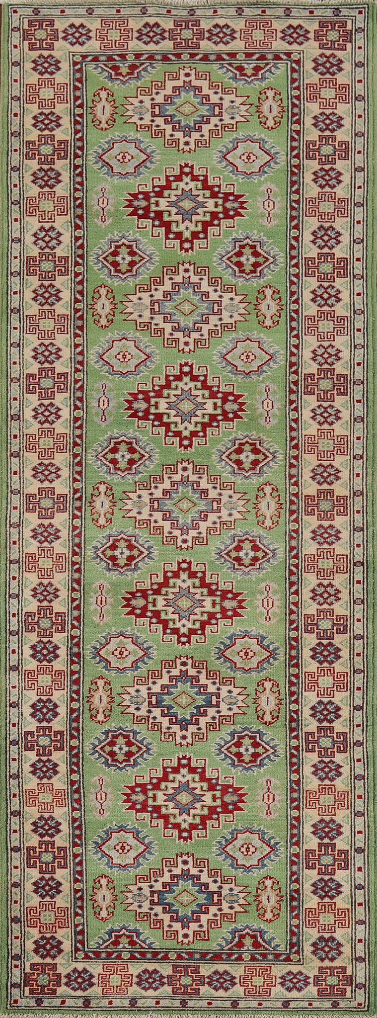 Light Green Kazak Oriental Runner Rug 3x10