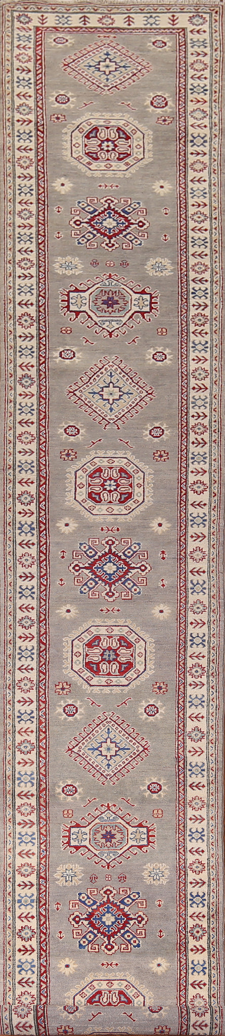 Gray Geometric Kazak Oriental Runner Rug 3x19