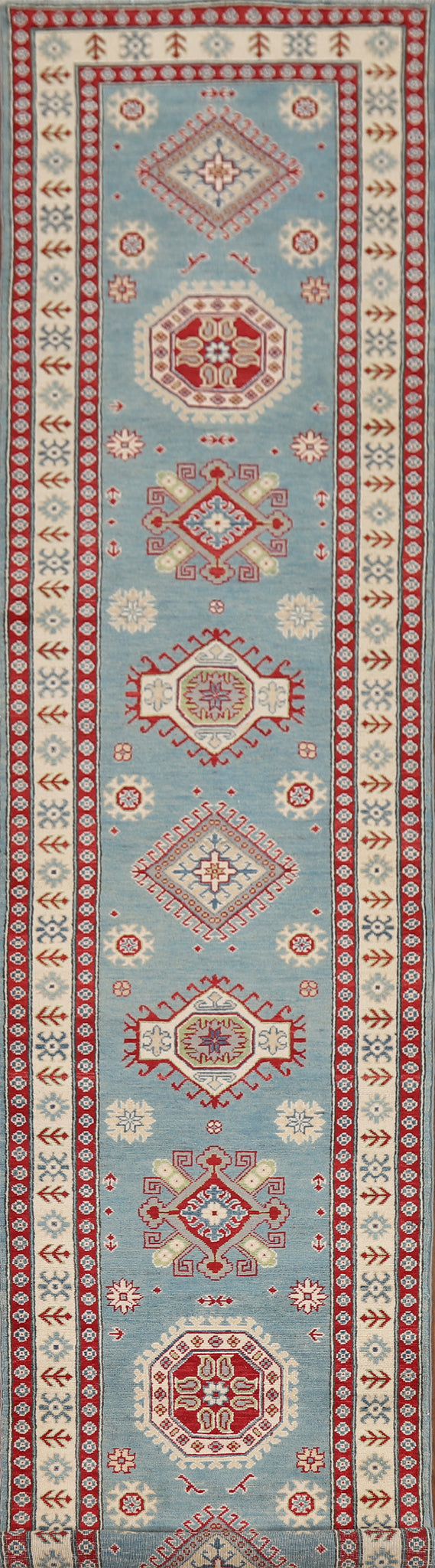 Light Blue Kazak Oriental Runner Rug 3x15