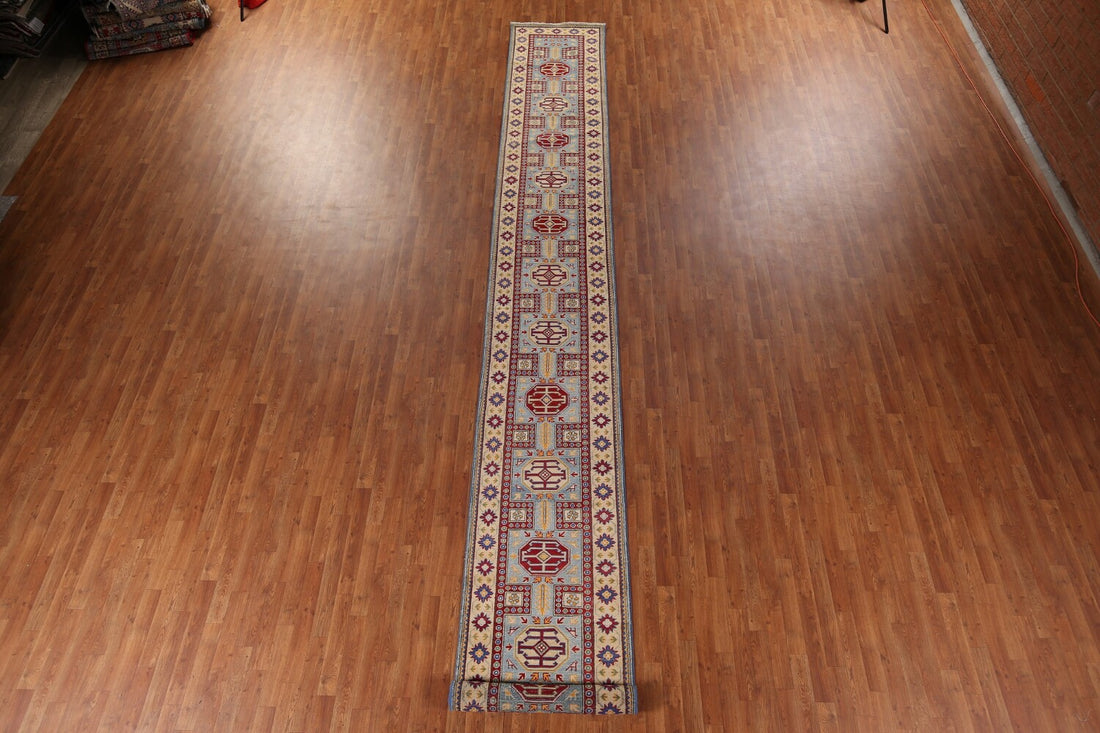 Handmade Blue Kazak Oriental Runner Rug 3x21