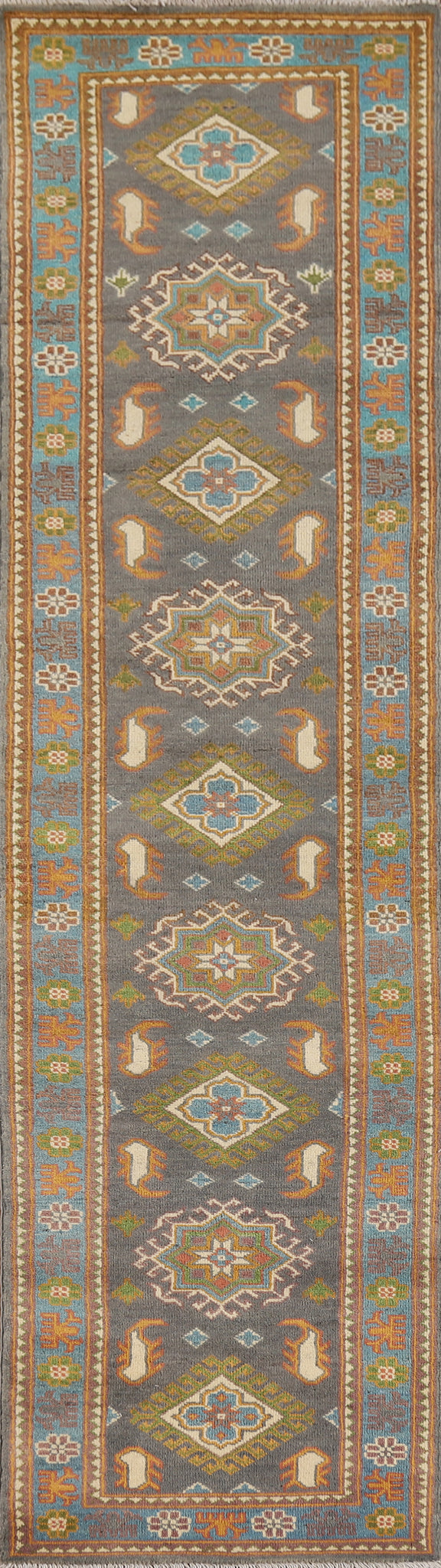 Gray Geometric Kazak Oriental Runner Rug 2x10